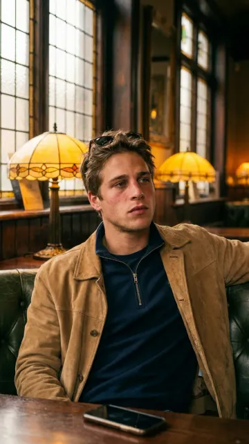 A young man in a tan jacket in a diner booth